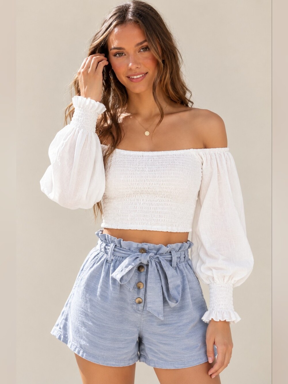 Bishop + Young | Off the shoulder garterized Ivory white smocked crop top SMALL